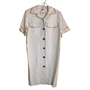 Vintage David Warren Linen Blend Safari Shirt Dress Beige Gold Trim Size 10